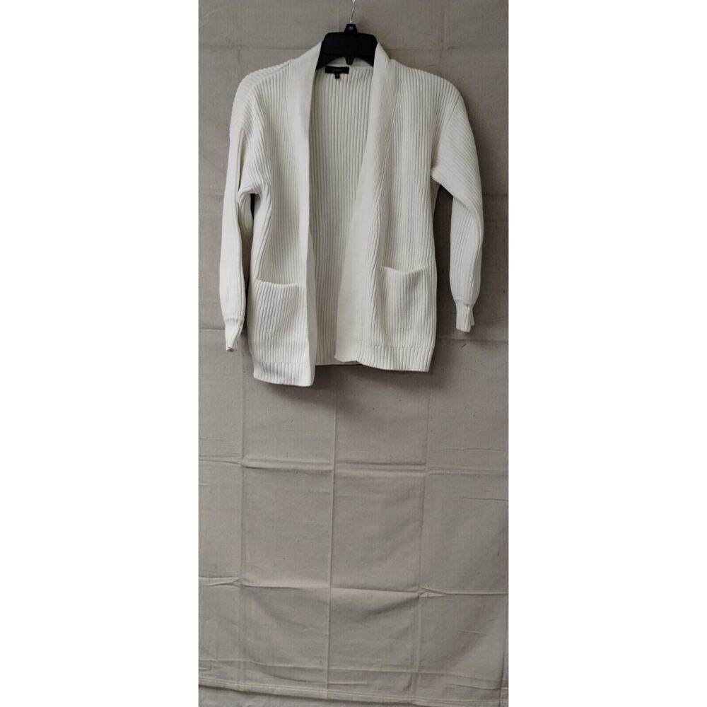 Quince Womens Sweater Cardigan Open Front Ribbed Pocket Long Sleeve White XS